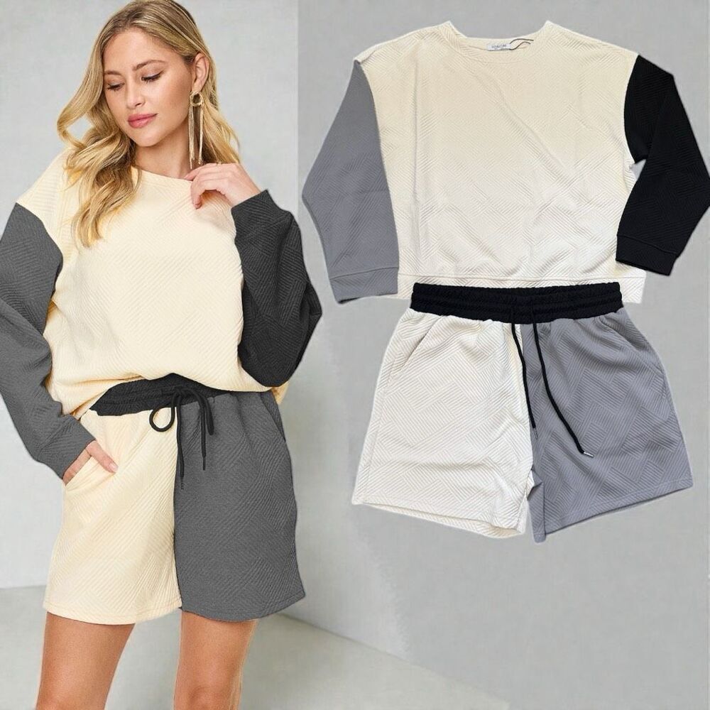 Black Gray Contrast Color Block Long Sleeve Top & Shorts Lounge Set NWT